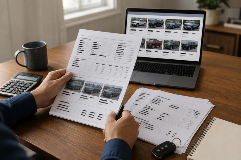 An appraiser reviewing a redacted insurance valuation packet, vehicle details, and comparable listings