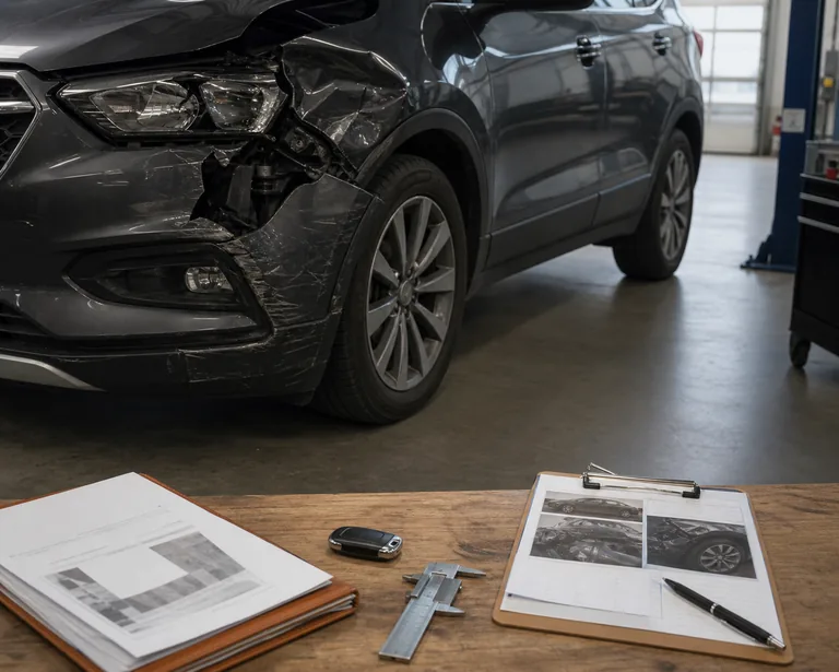 Collision-damaged crossover beside organized vehicle appraisal evidence